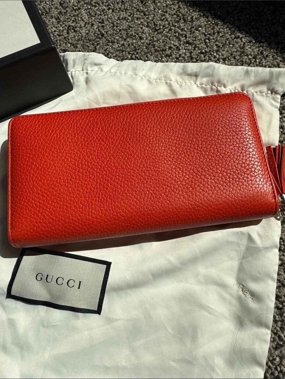 Gucci Orange Pebbled Leather Zip-Around Wallet With Tassle